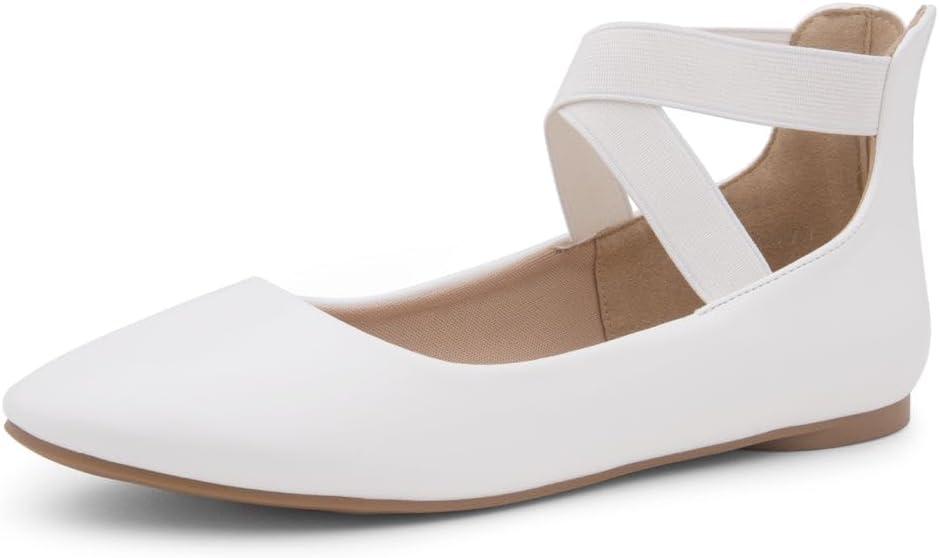 Shoe Land Women's Flats  Dressy & Casual Almond Toe Flat Shoes with Elastic Ankle Strap, Comfortable Slip-On Ballet Flats for Work, Office & Special Occasions (6, White)