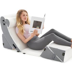 6PCS Orthopedic Bed Wedge Pillow Set for Sleeping - Post Surgery Pillow Set for Body Back and Leg Pain Relief - Adjustable Pillows for Snoring & Heartburn & Acid Reflux (White Grey)