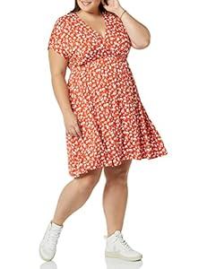 Amazon Essentials Women's Surplice Dress, 
Red, Floral Print, Large