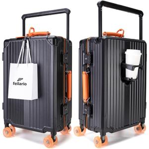 feilario 24in Aluminum Frame Wide Handle Hard Shell Carry On Suitcase - Vivid Colors Double Spinner Wheels Airline Approved Rolling Luggage with TSA Lock & Cup Holder (Silver, 24in), Medium
