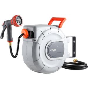 VEVOR Retractable Garden Hose Reel, 1/2 in x 50 ft, Wall Mounted Hose Reel with 9-Function Sprayer Nozzle and 180 Swivel Bracket, Any Length Lock, Automatic Slow Rewind System, for Garden Watering