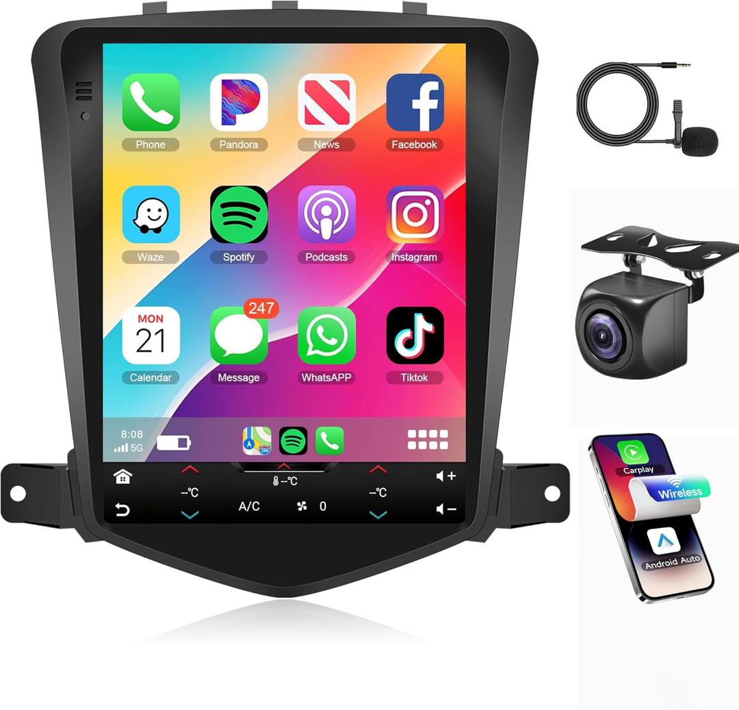 4Core 2G+64G Car Stereo Radio for Chevrolet Cruze J300 2009-2014, Rimoody 9.7 inch Carplay Android Auto for Chevy Cruze GPS Navigation System Touchscreen WiFi Mirror Link BT FM/RDS SWC Backup Camera