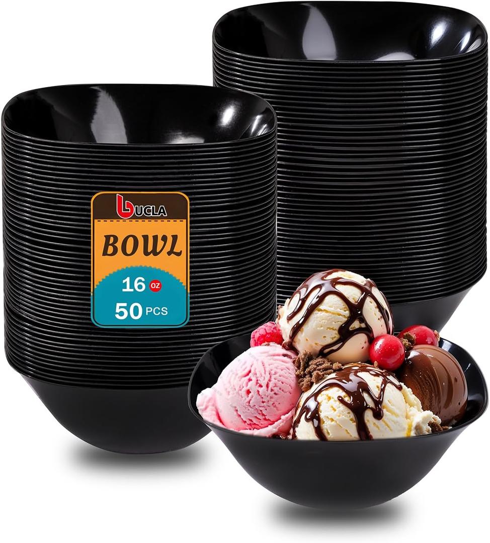 bUCLA 50Pack Black Plastic Serving Bowls - 16oz Disposable Serving Bowls for Dessert/Ice Cream/Salsa/Snack/Candy, Ideal for Party & Graduation