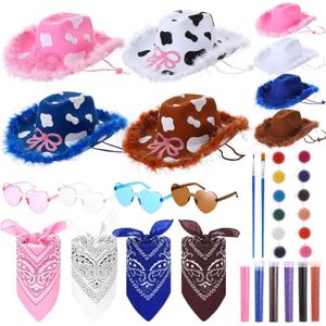Suncalla 4 Sets DIY Easter Cowboy Hats Western Rodeo Hats with Feathers, Bandana, Heart Sunglasses Paint Glitter for Adult