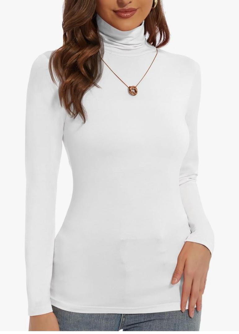 Women's Turtleneck Long Sleeve Shirts Slim Fitted Lightweight Base Layer Casual Tops, White, 2XL