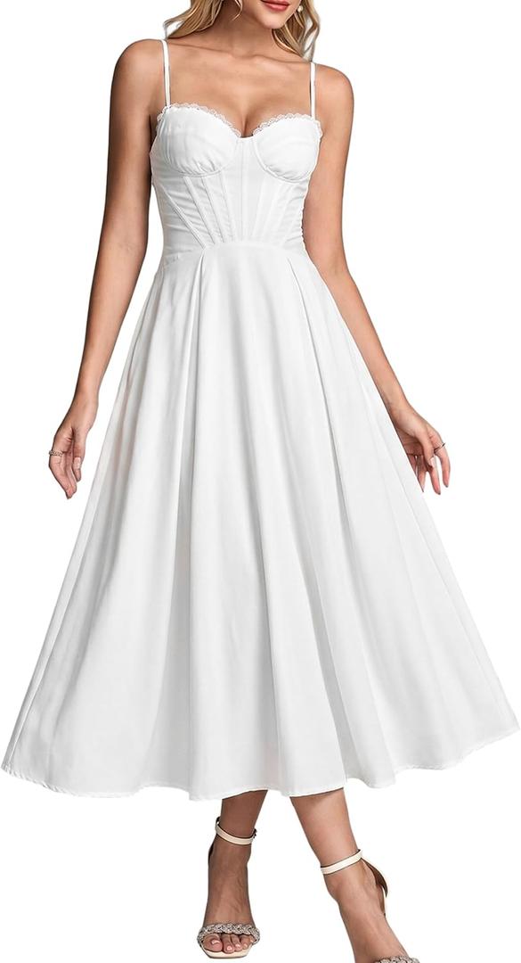 KUTUMAI Women Floral Midi Dress Corset Sundresses 2026 Summer (White, XL)
