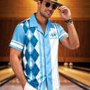 Hawaiian Bowling Shirts Men Retro Funny Sport Bowler Shirt Beach Summer Tee Tropical Vacation Button Down Short Sleeve Tops (Blue, M)