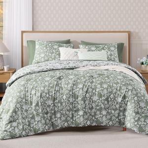 BLOOMHAVEN Full Comforter Set -7 Pieces Floral Grey Green Comforter Set for All Seasons, Bed in a Bag Full with Botanical Flowers Comforter, Sheets, Pillowcases & Shams