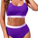 Womens High Waisted Bikini Sets Sporty Crop Top Color Block Swimwear Bandeau Scoop Neck Vintage Two Piece Bathing Suits (Large, Purple)