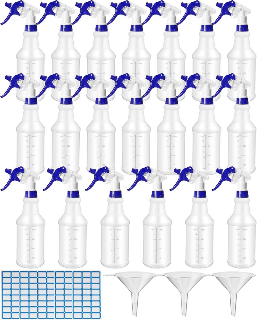 Eccliy 20 Pack 16oz Empty Spray Bottles, Leakproof Cleaning Bottles with Measurement and Adjustable Nozzle for Housekeeping, Commercial Use(Cylinder,Blue Spray Head)