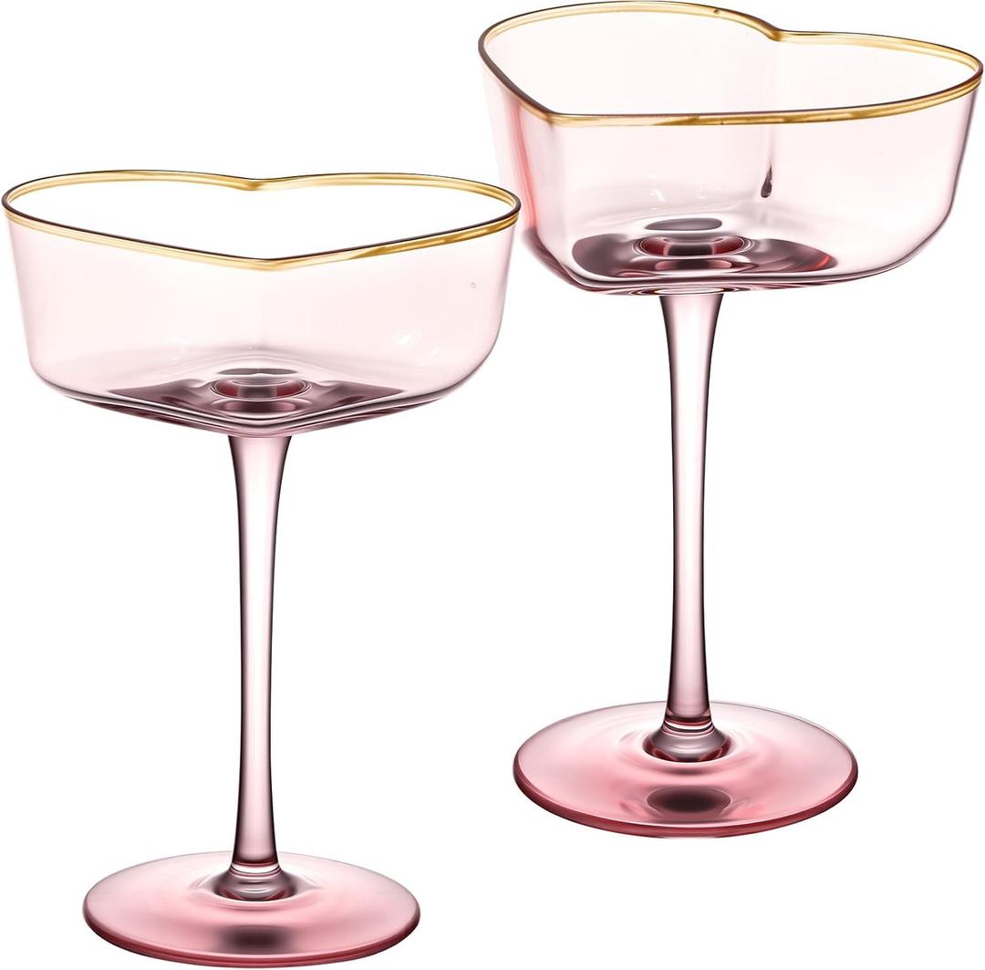 2 Pcs Heart Shaped Coupe Glasses - Martini Glasses with Golden Rim - 8 oz Coupe Glasses Cocktail Glassware Set for Wedding, Mothers Day, Birthdays, Anniversary (Pink)