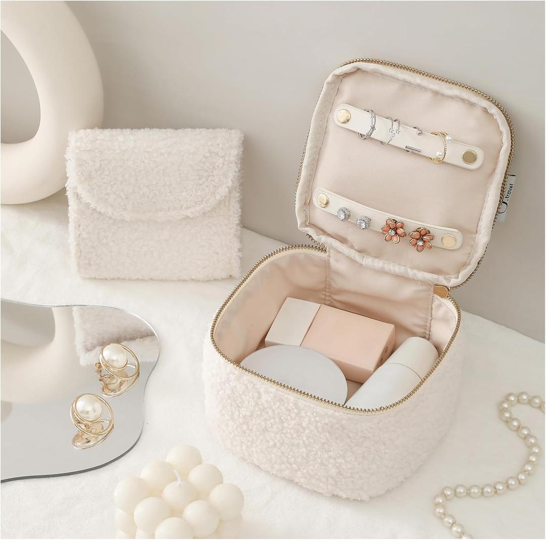 Travel Jewelry Case, 2-In-1 Small Jewelry Organizer Travel Jewelry Storage with Foldable Jewelry Roll for Earrings Rings Makeup, Travel Essentials Gifts for Women Girl,Cream White