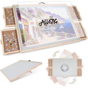 ALL4JIG 2000 Pieces 2-in-1 Tilting & Rotating Puzzle Board for Adults Gifts, Wooden Jigsaw Puzzle Table with 4 Drawers, 28.5" x 40.1" Portable Board with Lazy Susan and Cover (Metal)