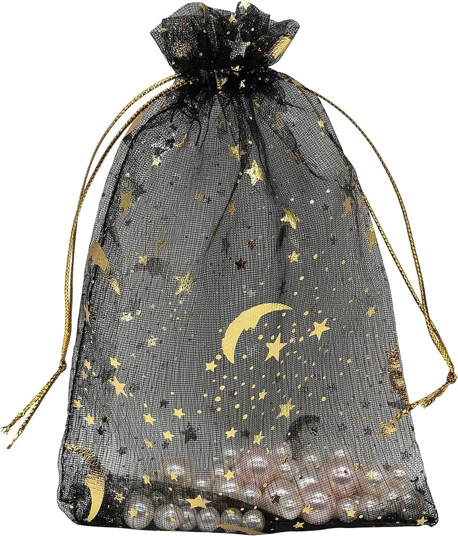 Jexila 100PCS Black Organza Gift Bags 4X6 Small Mesh Bags Drawstring Jewelry Pouch Halloween Goodie Treat Bag Moon Star for Birthday Party Favor Candy Bag