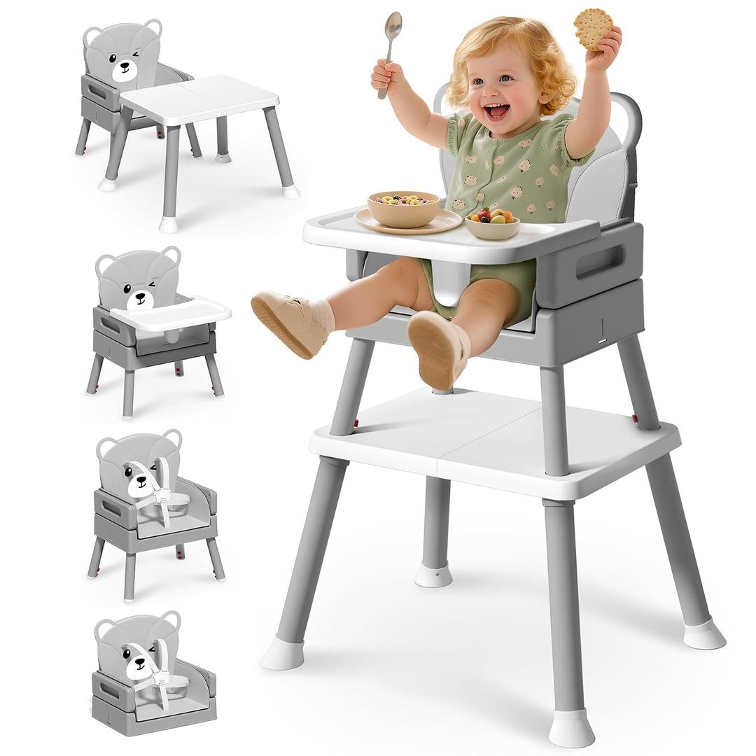 AVIDOR Baby Highchair for Babies and Toddlers, 6 in 1 High Chair with 5 Point Harness and Removable Safe Tray, Easy Clean& Ergonomic, Cute Bear Cushion Baby Highchair for 6-36 Months and 35 lbs, Gray