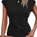 Bliwov Womens Summer Tops Cap Sleeve Crew Neck T Shirts Spring Trendy Fashion Outfits Business Beach Vacation Blouses Clothes, Large
