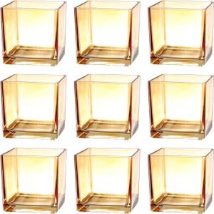 Square Glass Vases Set of 9, 4"x 4"x 4" Flower Vases for Centerpieces, Amber Glass Vase for Flowers, Small Vase for Wedding, Party, Home Office Decoration