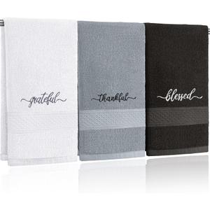 Peryiter 3 Pcs Farmhouse Bathroom Decor Hand Towels 14x29 Inch Cotton Bath Towels Rustic Embroidered for Boho Kitchen Decor Inspirational Christian Gift (Black White Grey, Blessed Thankful Grateful)