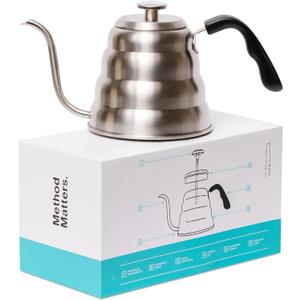Barista Warrior Gooseneck Kettle for Pour Over Coffee and Tea with Thermometer for Exact Temperature, Precision Pour Drip Spout, Stainless Steel, Compatible with all Stove Tops (1.2 Liter, 40 fl oz)