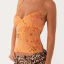 Women Y2K Sequin Rhinestone Criss Cross Straps Crop Cami Top Sexy V Neck Backless Floral Embroidery Halter Tank (Orange, M)