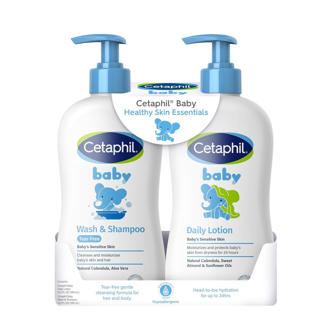 Cetaphil Baby Wash & Shampoo Plus Body Lotion, Healthy Skin Essentials, Head to Toe Hydration for up to 24 Hours, for Delicate, Sensitive Skin, 2Pack, White