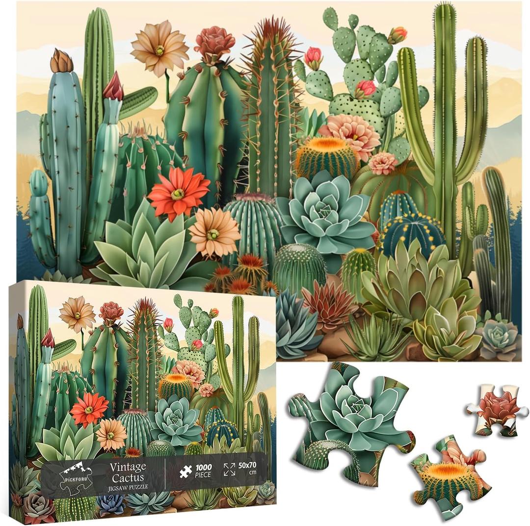 Vintage Cactus Plant Puzzles for Adults 1000 Pieces and up, PICKFORU Retro Succulents Puzzles as Home Decor, Flower Puzzle for Plant Lovers