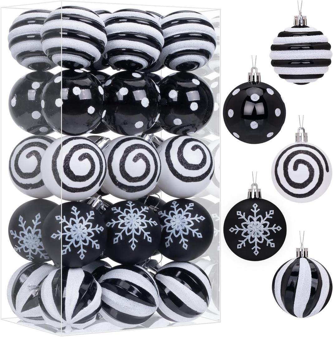 30 Pcs Christmas Ball Ornaments Set, 2.36'' Black and White Hand Painted Ornament Bulk for Xmas Tree, Shatterproof Tree Bauble Decorations for Holiday Party, Wreath, Winter Decor