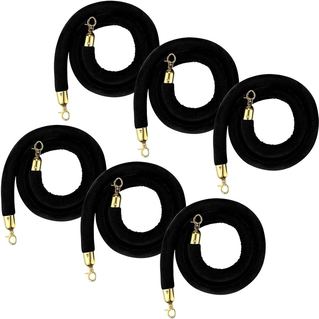 Nuogo 6 Pcs Velvet Stanchion Rope Black Carpet Party Decorations 5ft Crowd Control Velvet Ropes Safety Barrier with Gold Hook for Event Movie Theaters Grand Opening Hotel Party Supplies