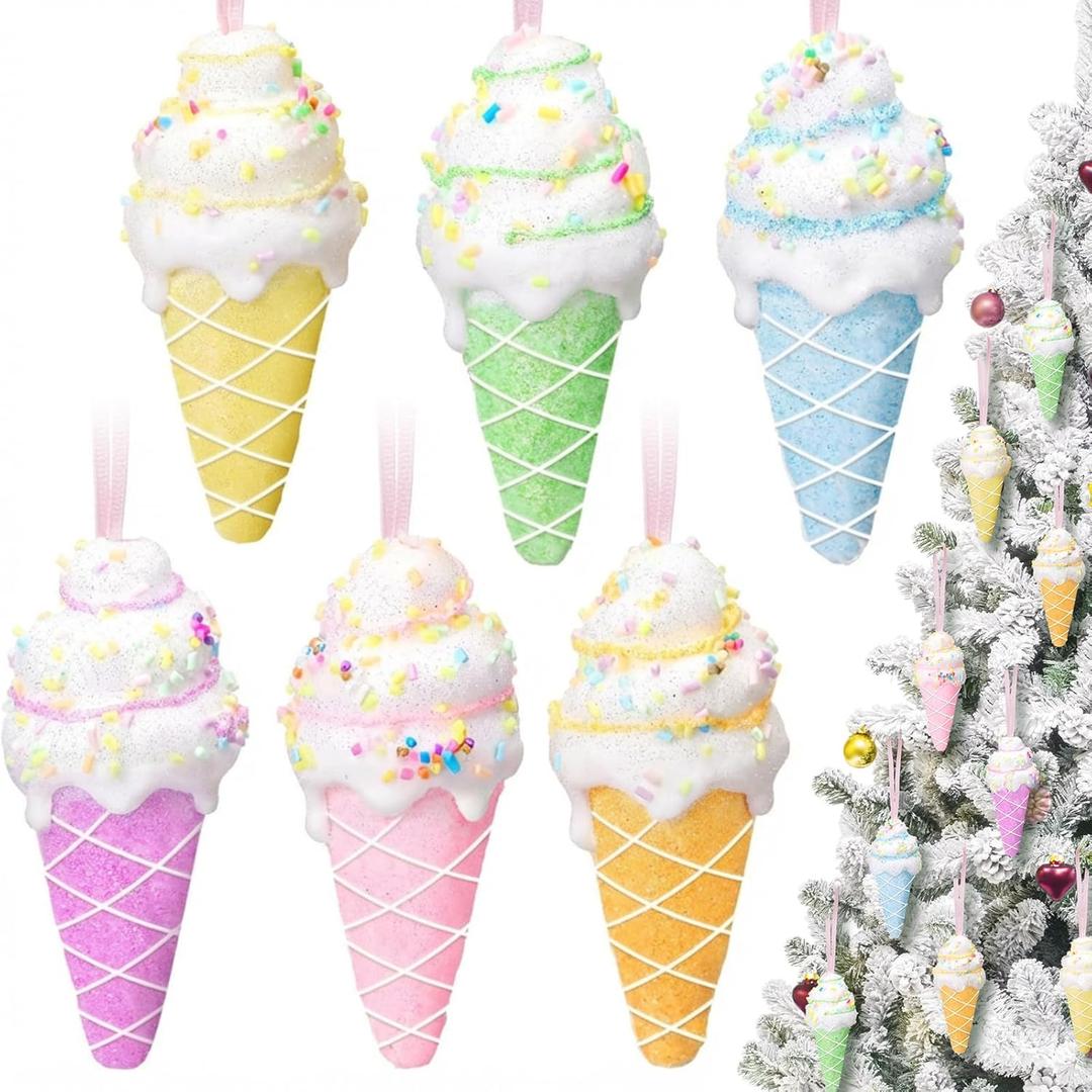 12 Pcs Christmas Ice Cream Ornaments for Tree 3.94 Inch Large Ice Cream Christmas Tree Decorations Xmas Macaron Color Dessert Hanging Ornaments for Holiday Party Supplies