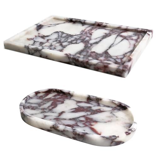 Real Luxurious Natural Marble Vanity Tray Genuine Marble Storage Tray for Home Decor Stone Tray for Bathroom/Kitchen/Vanity/Dresser Non-Resin/Non-Ceramic/Viola Oval Set