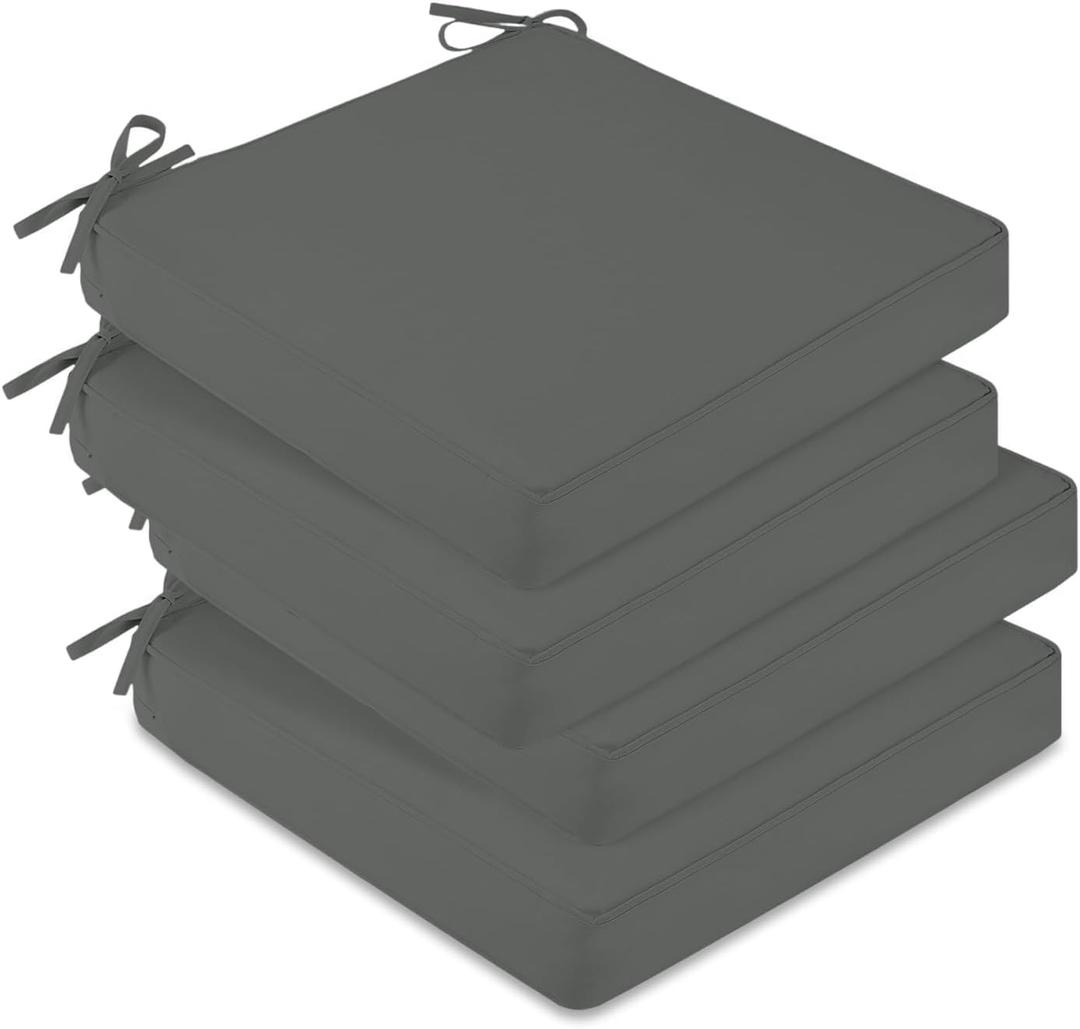 downluxe Waterproof Outdoor Chair Cushions Set of 4, 19" x 19" x 3" Patio Chair Cushion with Non-Slip Ties & Handle, Square Outdoor Cushion for Patio Furniture with Removable Cover, Dark Grey