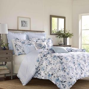 Laura Ashley Home - Queen Comforter Set, Reversible Cotton Bedding with Matching Shams, Stylish Home Decor for All Seasons (Chloe Blue, Queen)