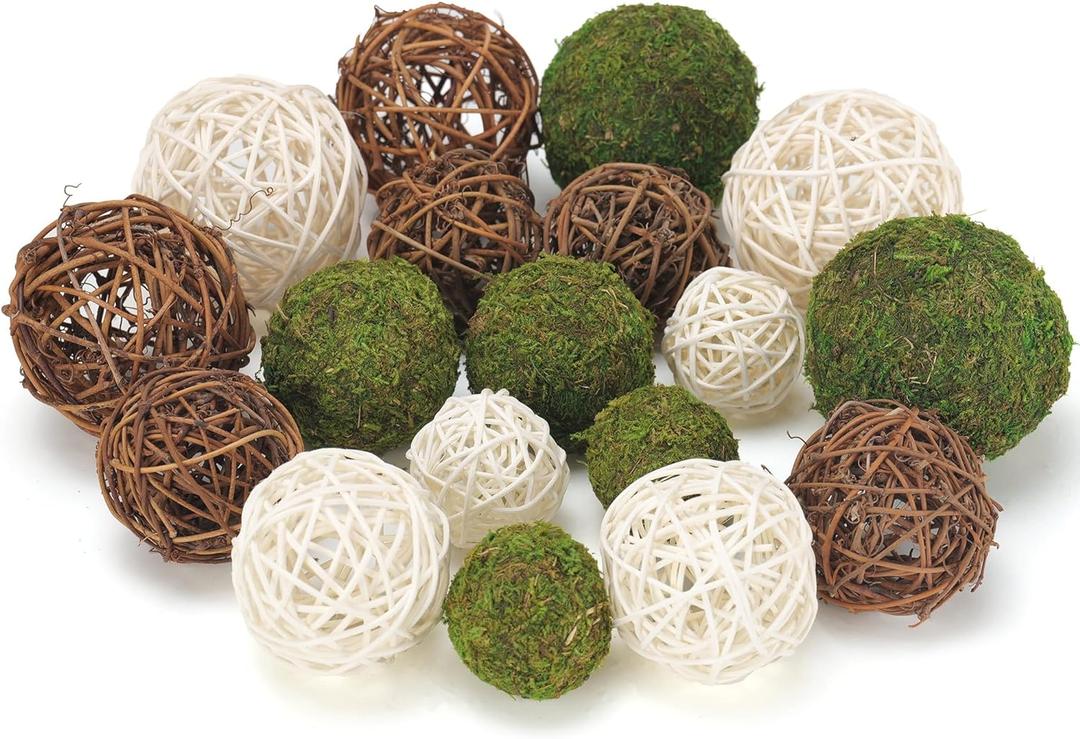 USMOLA 18Pcs Decorative Balls for Centerpiece Bowl - 6Pcs Fake Moss Balls + 12Pcs Rattan Wicker Balls, Artificial Moss Decorative Balls Vase Fillers for Home Garden Wedding Party Decor (Rustic)