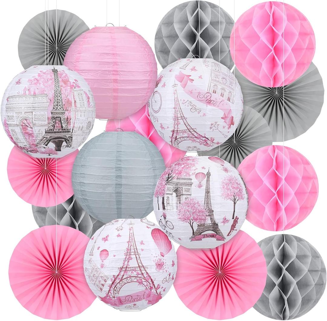 Retisee 18 Pcs Paris Party Decorations Eiffel Tower Theme Hanging Paper Lanterns Pink Grey Honeycomb Fans Honeycomb Ball for European City Landscape Pink Theme Party Birthday Ceiling Decor Supplies
