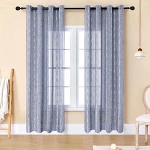 Estelar Textiler Blue Boho Farmhouse Curtains 72 Inches Long, Soft Linen Textured Embroidered Curtains for Living Room, Light Filtering Grommet Semi Sheer Drapes for Bedroom, 52Wx72L, 2 Panels (Blue/White Embroidery)