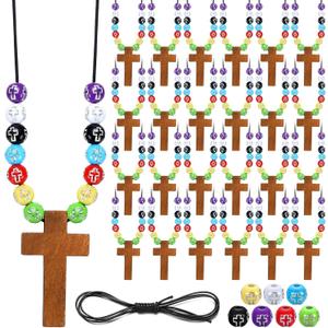 Kathfly 277 Pcs Wooden Cross Necklace Crafts Sunday School Crafts Kit DIY Christian Catholic Rosary Cross Pendant Religious Charms with Colorful Beads for VBS Church Men Women