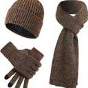 Winter thickened hat, scarf, and touchscreen gloves set for men and women, knit hat,suitable as a gift and for outdoor warmth (Brown)