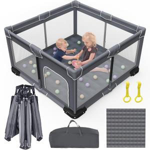Foldable Baby Playpen with Mat, Foldable Playpen for Babies and Toddlers, Folding Portable Kids Play Pen, Collapsible Play Yard with 2 Handles + Suitable Size Mat(Grey, 50x50 inches)