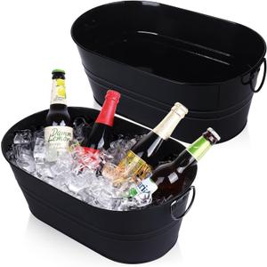 Galvanized Tub Beverage Tubs, 2pcs Metal Ice Buckets for Cocktail Bar 3 Gallon Wine Beer Drink Buckets with Handles Large Tub Cooler Mimosa Bar Supplies Ice Bucket for Parties 15x9.6x6inch (Black)