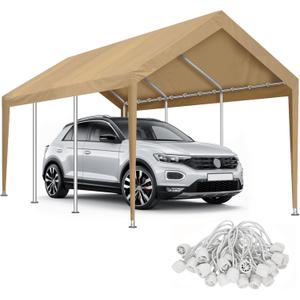 Carport Canopy 10'x20' Replacement Cover, Waterproof & UV Protected Garage Top Tarp Shelter Cover with Ball Bungee Cords, Car Cover Tent (Frame is not Included) (Beige)