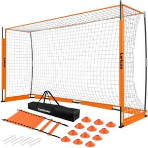 Collapsible Soccer Goal, 126 ft /64 ft Portable Soccer Goal Net for Backyard, Quick Setup Soccer Goals with 1 Carry Bag, 1 Agility Ladder, 4 Ground Nails,12 Training Cones (Orange)