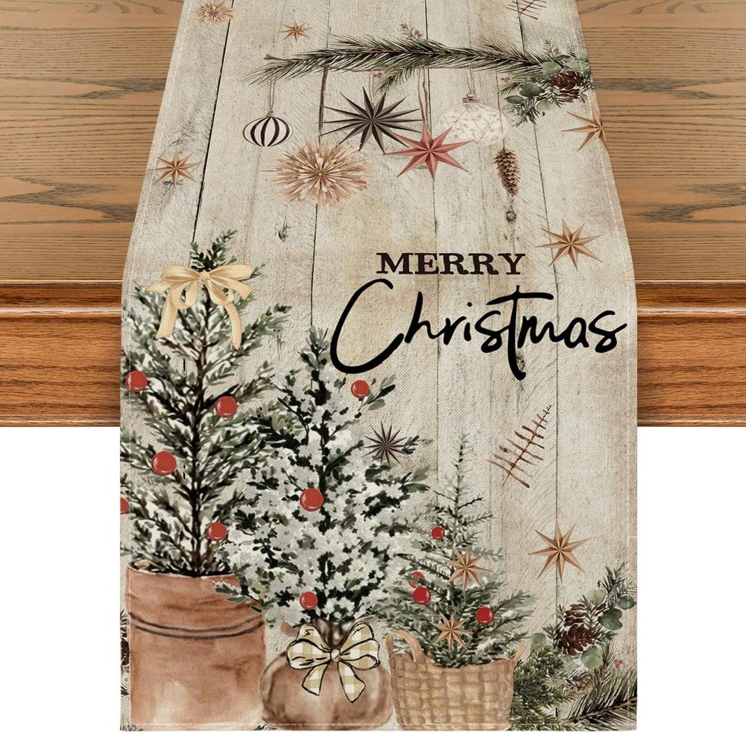 Artoid Mode Xmas Trees Holly Pine Cone Christmas Table Runner, Seasonal Winter Wood Kitchen Dining Table Decoration for Home Party Decor 13x90 Inch