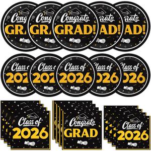 Graduation Decorations 2026, 200 Pcs Class of 2026 Graduation Party Supplies Kit with Paper Plates, Luncheon and Cocktail Napkins, Congrats Grad Decorations for 50 Guests (Black and Gold)