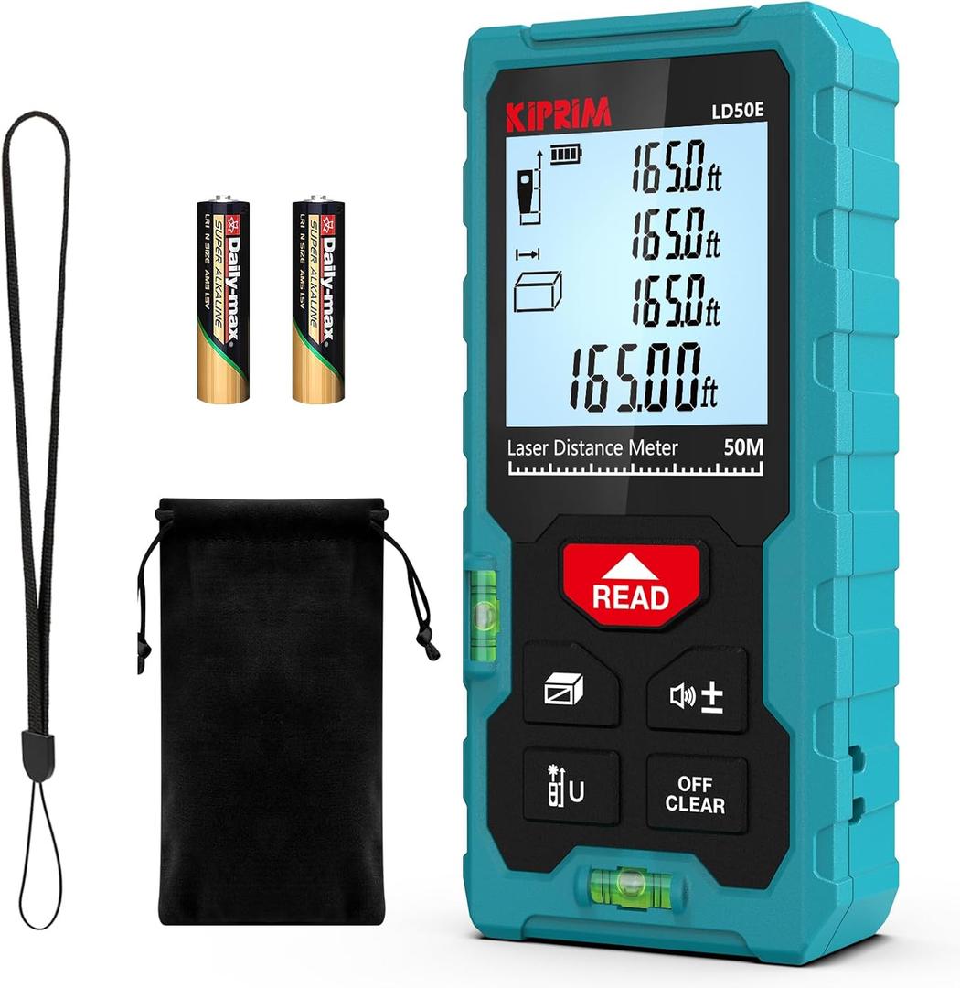 Kiprim Laser Distance Measure High Accuracy 165ft Kiprim LD50E Laser Tape Measure 50M Compact Laser Measurement Tool with Larger Backlit LCD Display,ft/m/in Switching,Bubble Level