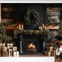 Kate Christmas Backdrop Fireplace with Wreath Festive Home Decorations Wood Wall Christmas Pine Tree Background, 7x5ft