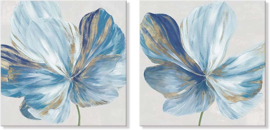 Blue Flower Canvas Wall Art Blooming Floral Canvas Print Modern Elegant Framed Artwork Wall Decoration for Bedroom Living Room Kitchen Home 24x24Inchx2pcs