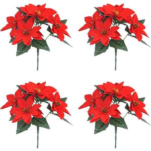 Poinsettias Artificial Christmas Flowers Decorations - 4 Pcs Artificial Red Poinsettia Flowers with Stems 5 Heads for Christmas Tree, Fake Red Poinsettia Flowers for Home Outdoor Xmas Tree Decor