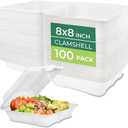 Freshware Clamshell Food Containers with Lids [8x8" 100-Pack] Disposable To Go Containers, Biodegradable Sugarcane To Go Boxes - Paper Container - Microwave & Freezer Safe, Stackable