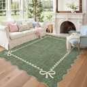 GarveeHome Scalloped Bow Rug for Living Room, Solid Green Rug for Dorm, Washable Rugs 9x12 Soft Low Pile Non Slip Scalloped Rugs for Nursery College Bedroom Decor Kids Room Playroom