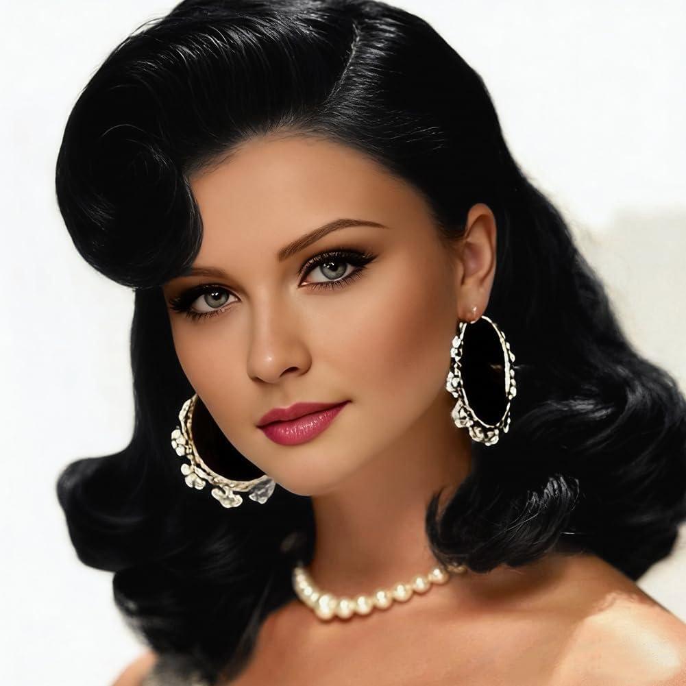 Swiking Black Curly Vintage Wig for Women 1950s Hollywood Big Wave Wig Retro Victory Rolls Synthetic Wig for Halloween Cosplay Daily Wear
